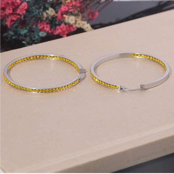 14K White Gold with Yellow Citrine Cubic Zirconia Big Hoop Latch Back Earrings - Picture 4 of 6